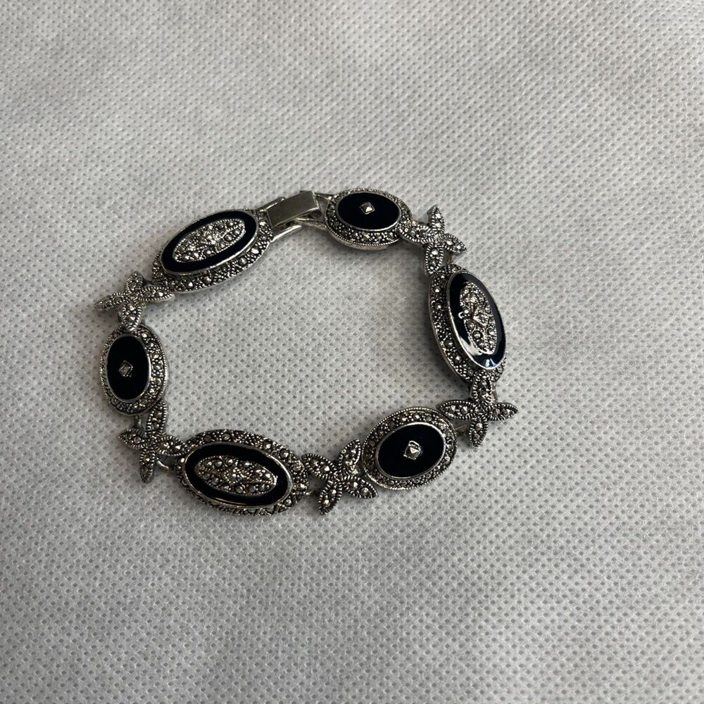 Art Deco Revival Style Bracelet Black Onyx Cabochon Marcasite Silver Tone 7.5"